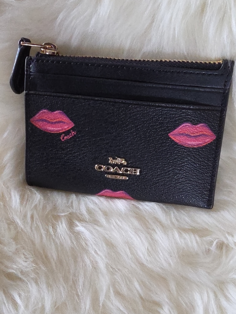 Coach Black Leather Pink Lips Mini Skinny ID Wallet & Key Ring 🖤💋🩷 - Picture 12 of 15